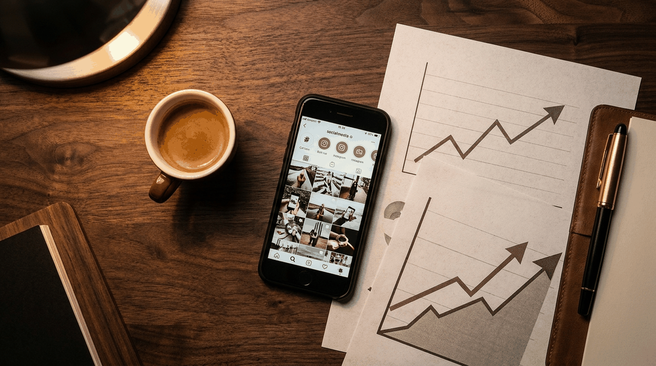 Growth charts and social media planning on a desk