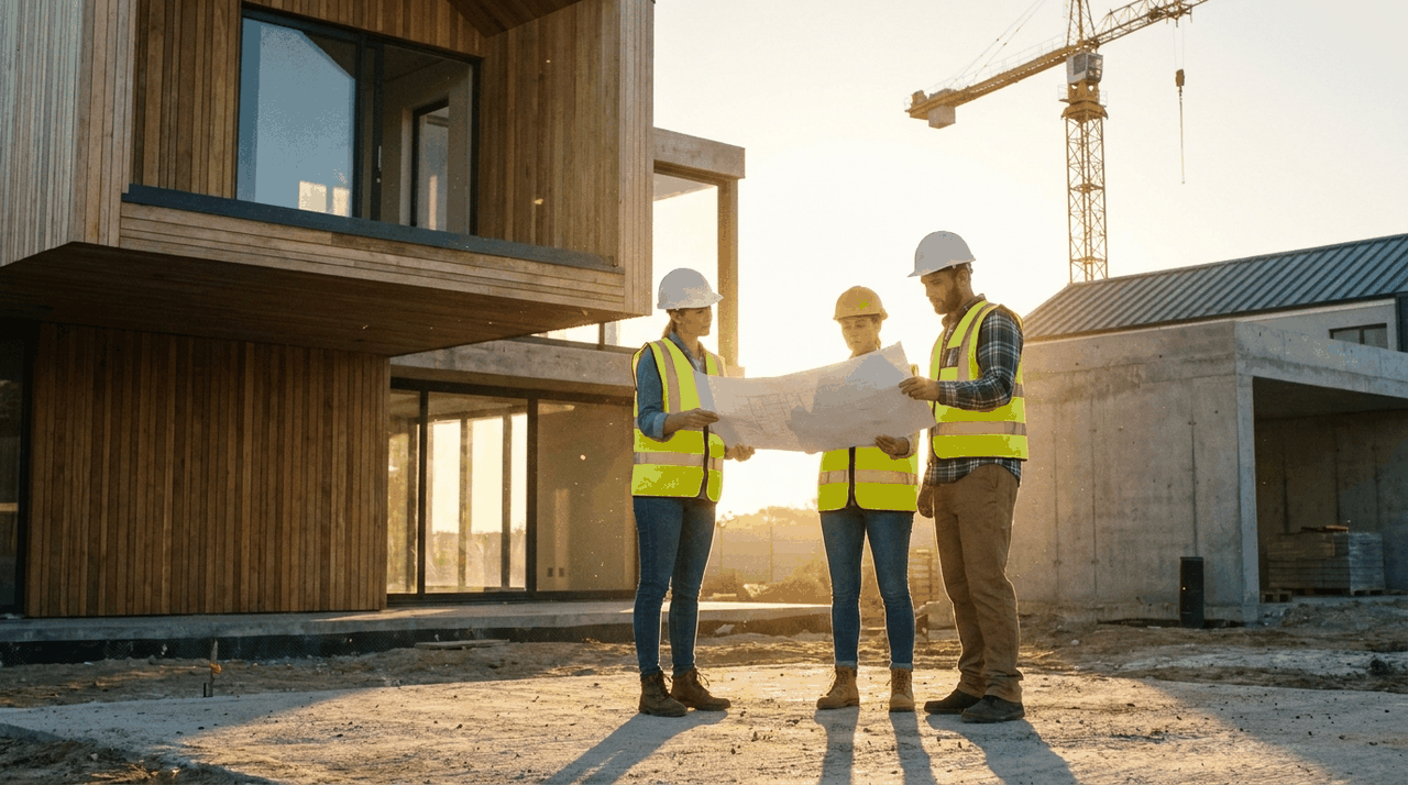 Architect and builder reviewing blueprints at a home site